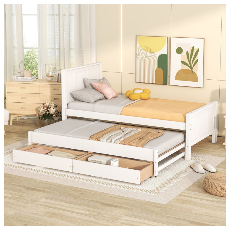 Lit de jour simple blanc avec lit gigogne et tiroirs de rangement - Base de lit plateforme en bois de pin massif pour enfants et invités