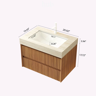 Meuble-lavabo flottant de 30 po avec dessus en pierre frittée à motif de travertin et lavabo encastré en céramique, pré-assemblé pour une installation facile
