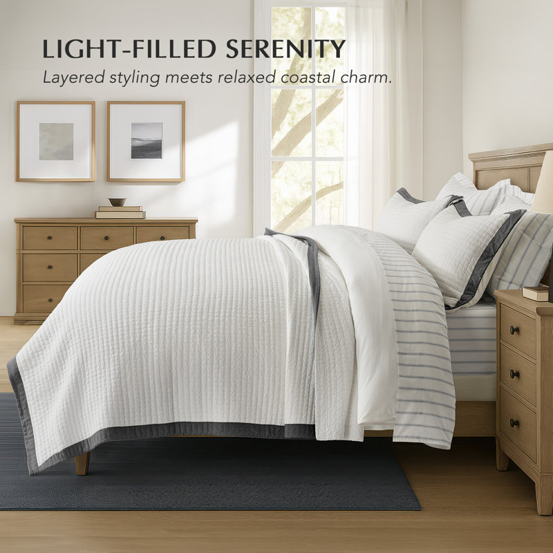 Border Frame Cotton Pick-Stitch Channel Quilt Set, Washed Black, Queen Quilt + 2 Queen Shams