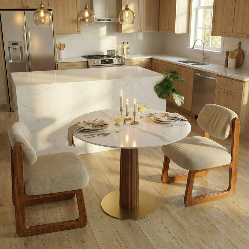 Ensemble de table de salle à manger 33,5 pouces moderne avec plateau en pierre, piédestal en bois massif et chaises réglables rembourrées