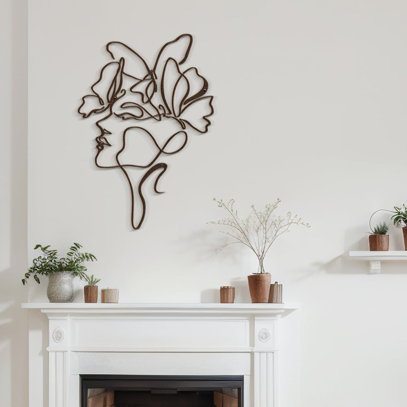 Abstract Line Women Face Modern Abstract Wall Accent Sculpture Hanging Decoration Metal Wall Decor, Brown