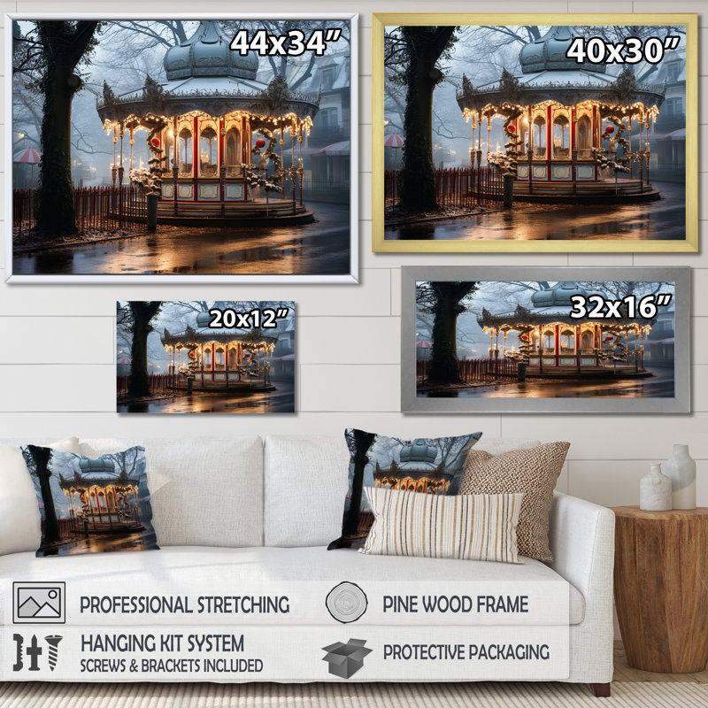 Carousel Winter Scenery - Carousel, reproduction d'art sur toile, Cadre photo blanc, H 16 po x l 32 po x P 1 po