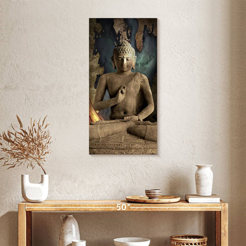 Ancienne impression sur toile Bouddha en pierre, H 36 po x l 18 po x P 1,25 po