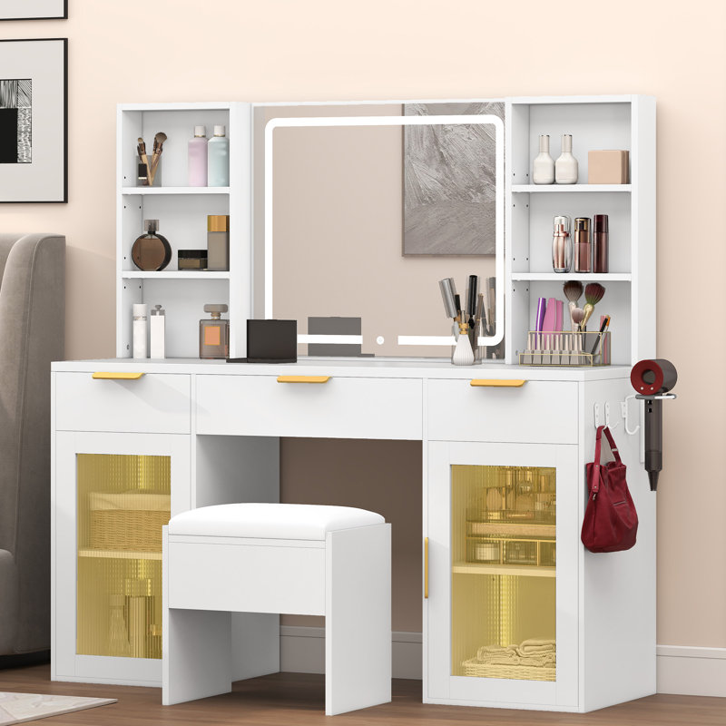 56" Makeup Vanity Desk With LED Mirror And RGB Glass Cabinets
