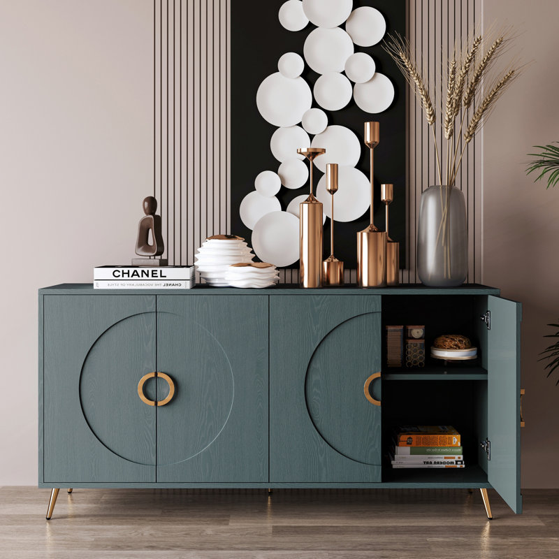Buffet de luxe, crédence de rangement ronde à 4 portes en relief, console de vestibule moderne avec poignées en métal