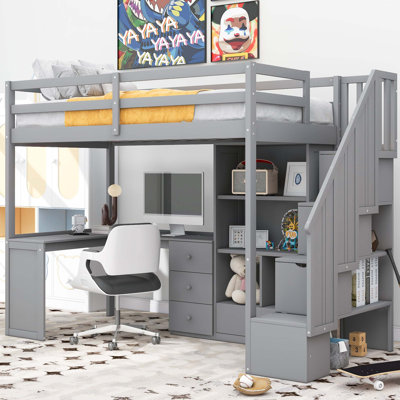 Twin Loft Bed with L-Shaped Desk, Storage Staircase, Drawers, and Cabinet
