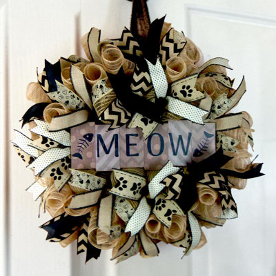 Pet Cat Lover Door Wreath – Burlap Ribbon Paw Print Meow Sign Décor, 24" Front Door Accent