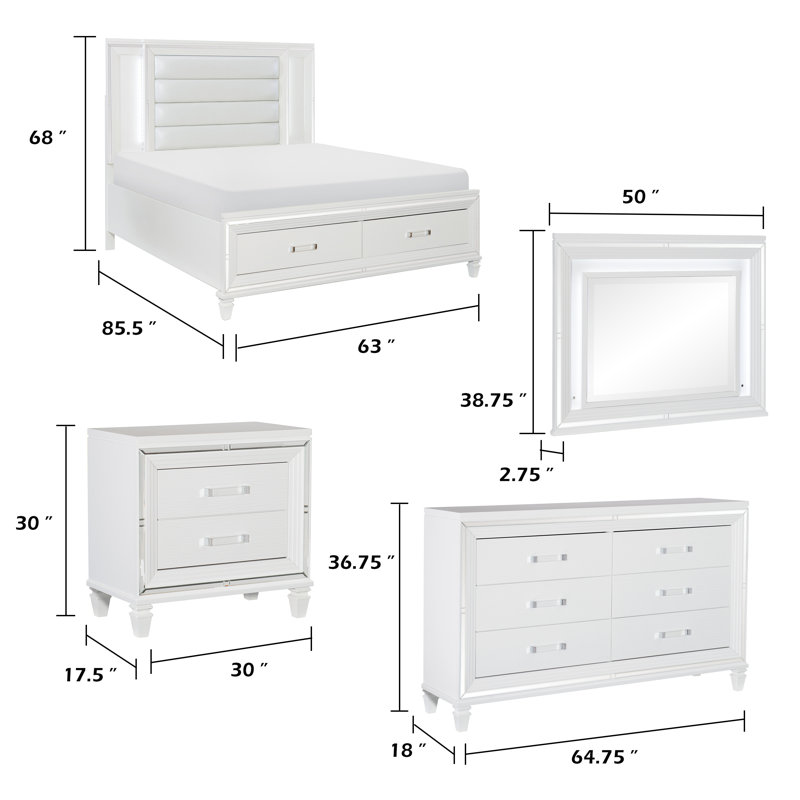 Ensemble de chambre à coucher grand lit, bois blanc, ensemble de 5 pièces avec 2 tables de chevet, commode et miroir