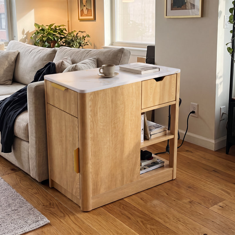 Table d'appoint de 60 cm de hauteur avec station de recharge, tiroir, garde-robe et 2 tablettes ouvertes
