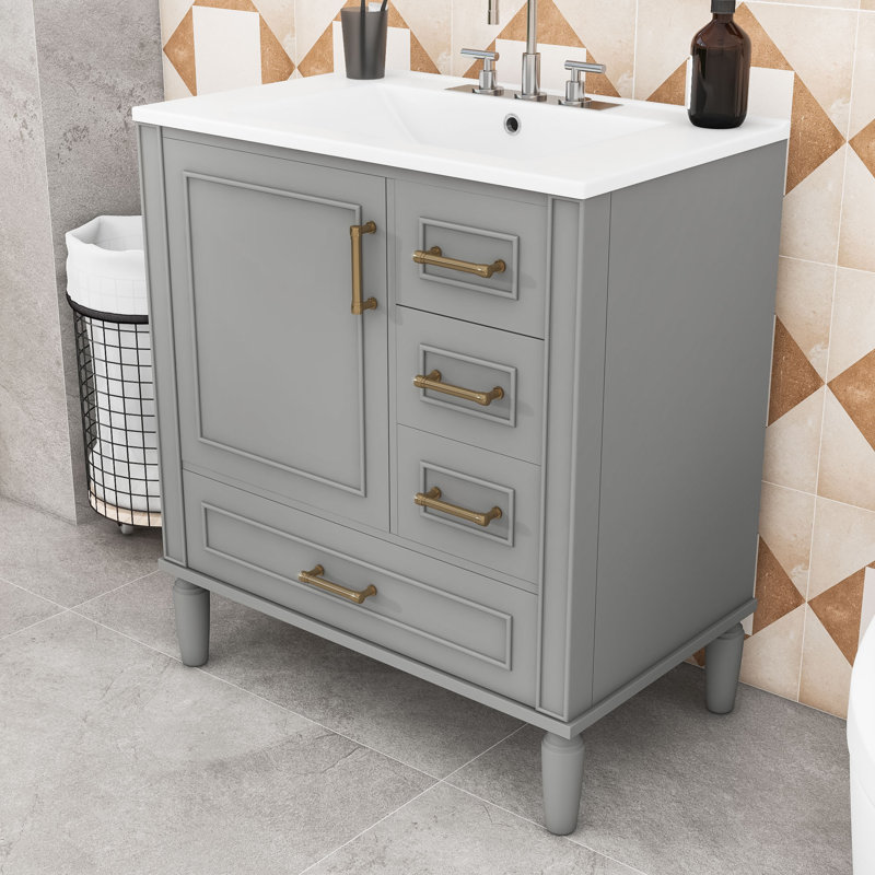 Meuble-lavabo simple autoportant en bois Genett avec grand rangement et lavabo en céramique, Gris