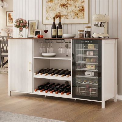 70" Wine Bar Cabinet with Fluted Texture, Modern Coffee Cabinet with Wine Rack&Glass Holder, White Kitchen Buffet Sideboard, Freestanding Liquor Cabinet for Dining Room Living Room