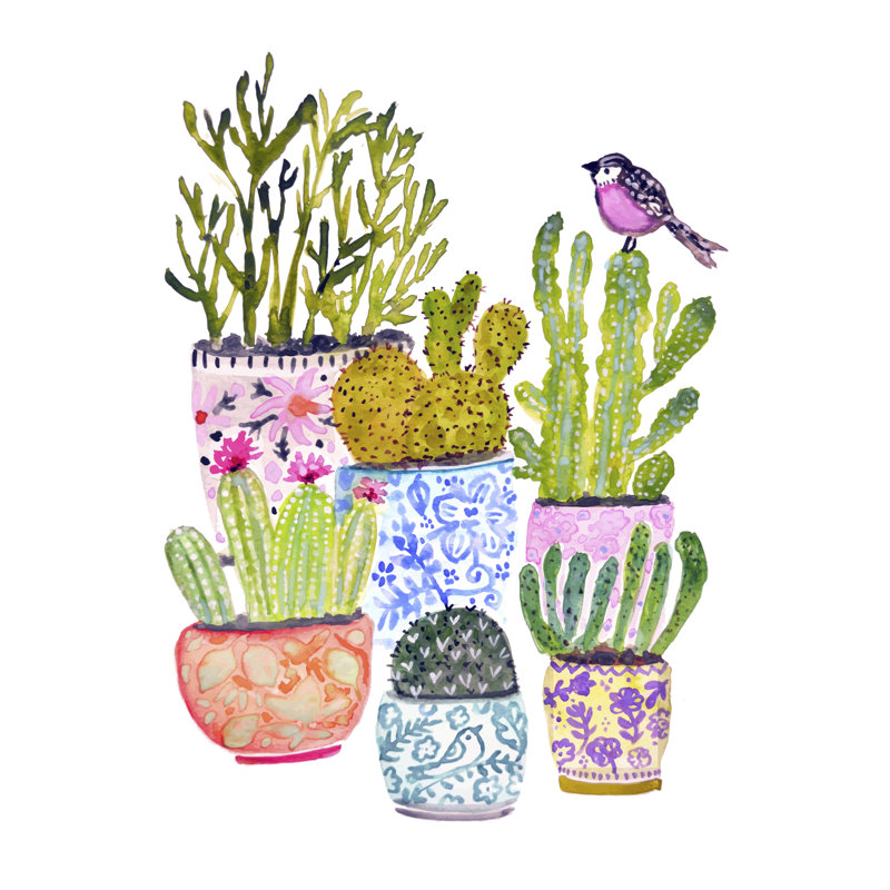 Infirmière cactus et oiseau rose par Karen Fields, H 18 po x l 12 po