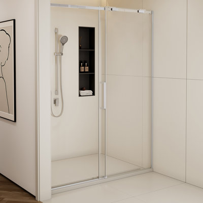 Porte de douche coulissante simple demi-cadre l 56 à 60 po x H 74 po, acier inoxydable 304 au fini chrome poli, verre trempé clair de 5/16 po (8 mm) de style GSC, poulie anti-déraillement sur rail de guidage de type C