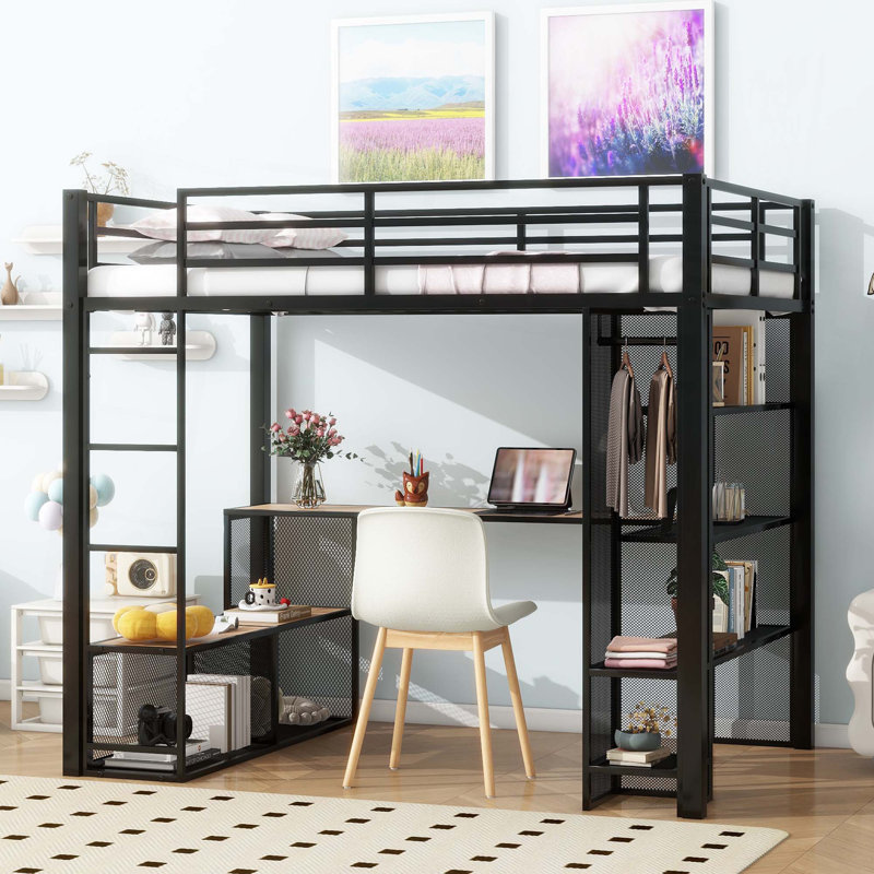 Lit mezzanine double en métal avec rangement en fer et tablettes en bois aggloméré et garde-robe ouverte, noir