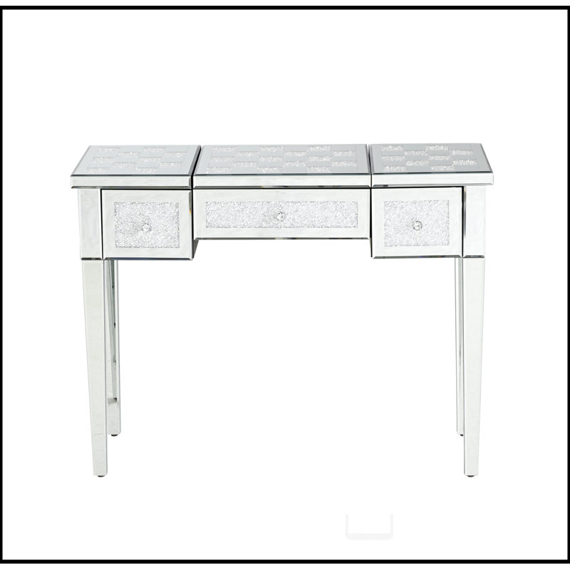Bureau de coiffeuse en miroir avec incrustation de diamant concassé, coiffeuse argentée avec miroir rabattable, console en verre pour chambre à coucher, vestibule, vestiaire