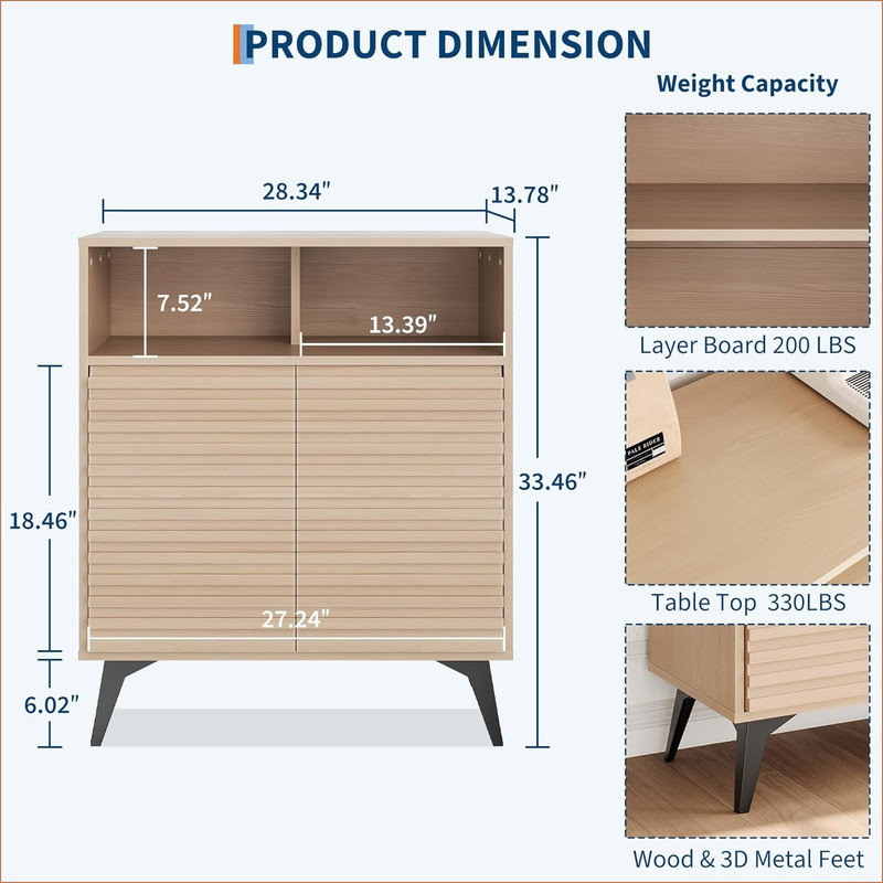Fluted Storage Cabinet, Sideboard Buffet Cabinet Mid-Century Modern Two-Tier Display Stand with Storage & Adjustable Shelves for Living Room, Kitchen, Entryway