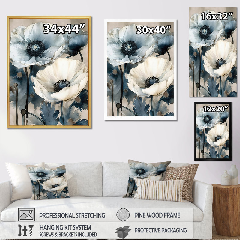 Bouquet de pavot bleu et blanc sérénade, Cadre simple noir, H 20 po x l 12 po x P 1 po