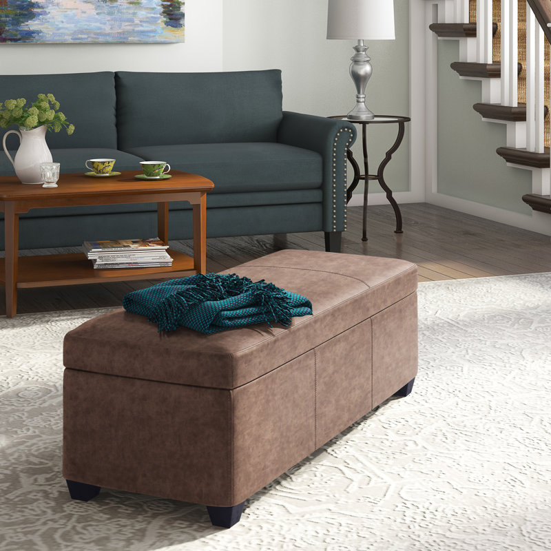 Aiyahna 46.85" Wide Rectangle Upholstered Storage Ottoman, Rustic Brown Faux Leather
