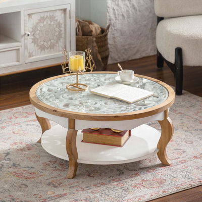 Table basse ronde, centre de table circulaire avec pieds incurvés et plateau amovible en verre trempé, table basse pour le salon