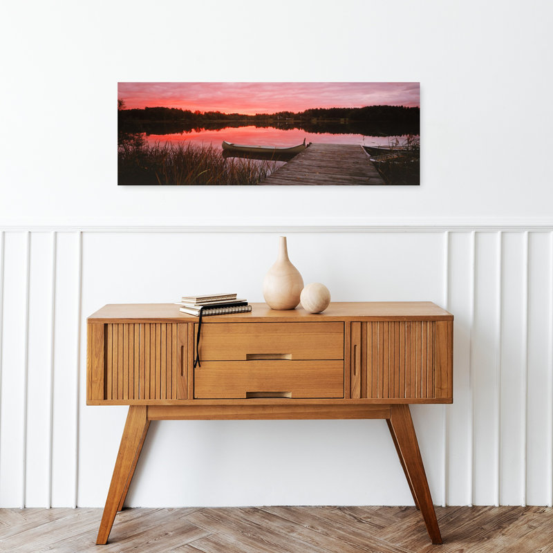 Canoe Tied To Dock On A Small Lake At Sunset Sweden by Chad Ehlers - Wrapped Canvas Panoramic Print, 30.48 cm H x 91.44 cm W