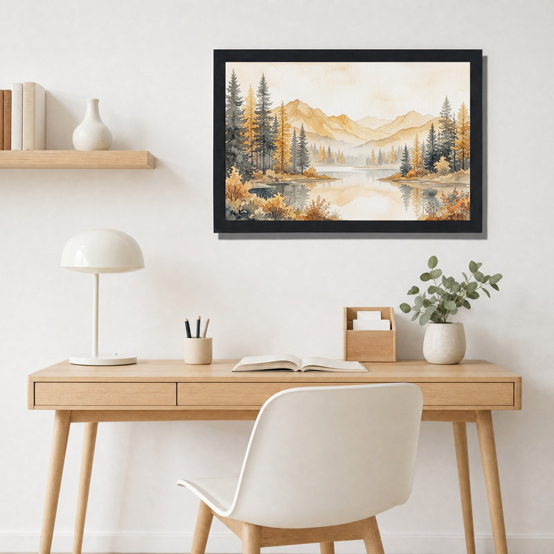 «Misty Mountain Lake and Pine Trees», peinture à l'aquarelle sur toile, 20"H x 30"W