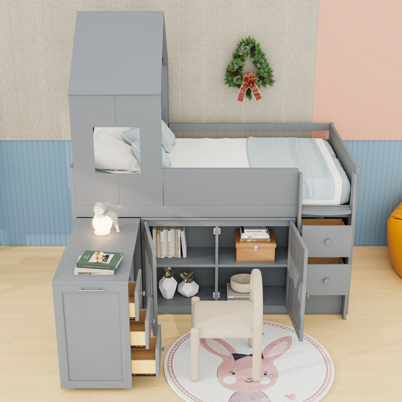 Lit mezzanine simple en bois avec tiroirs, bureau et armoires, Gris