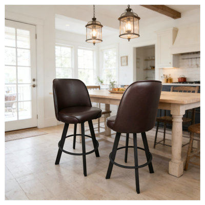 Ensemble de 2 tabourets de bar rotatifs commerciaux avec siège baquet et dossier - Chaises de comptoir de cuisine en cuir synthétique brun moderne pour le restaurant, le café et la maison