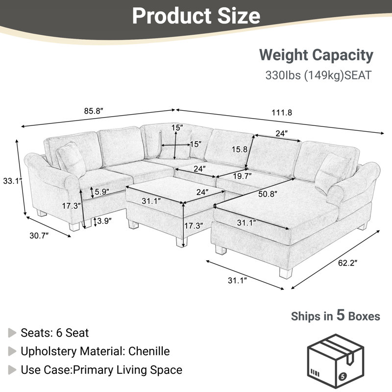Canapé modulaire en forme de U avec repose-pieds de rangement pour 6 grands sièges (l 111,8 po x l 85,8 po)
