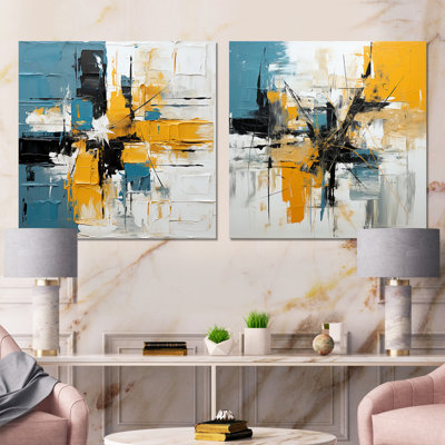 «Blue and Yellow Paint Elegance I», ensemble de 2 reproductions d'art mural abstrait