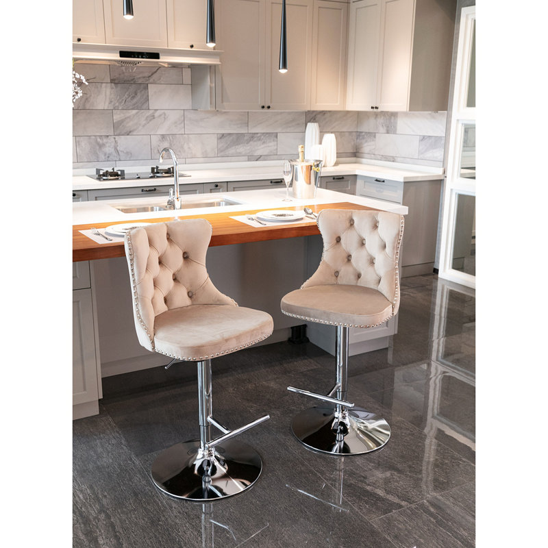 Jillayne Upholstered Golden Swivel Velvet Barstools Adjustable Seat Height, Silver, Khaki
