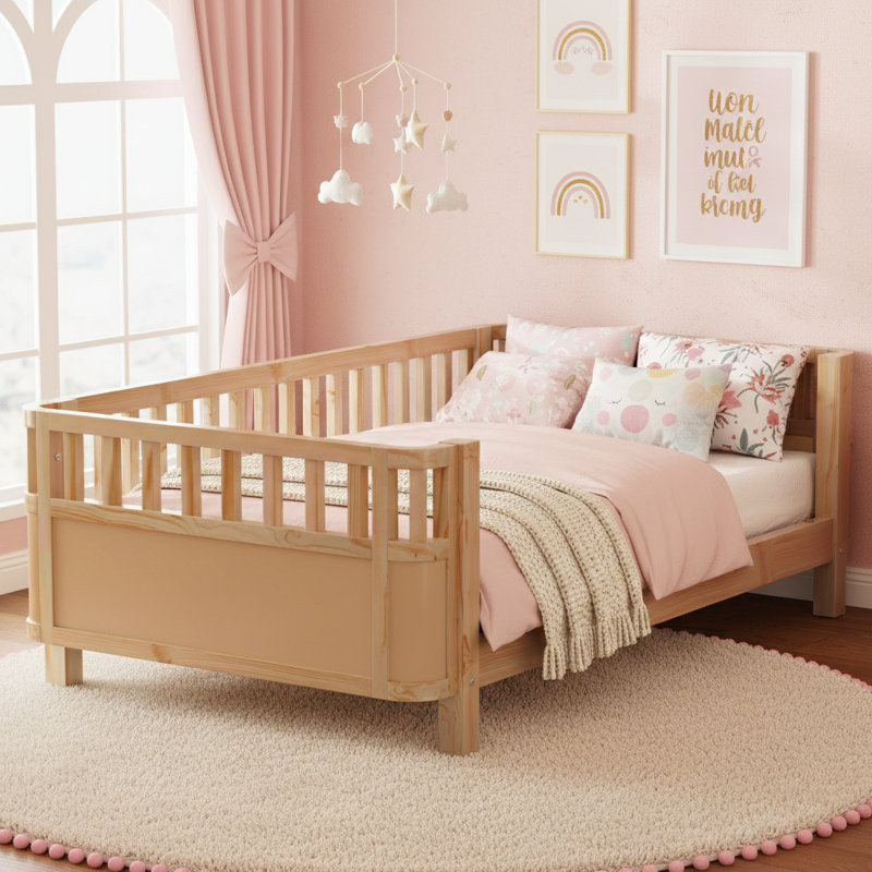 Twin Size Wood Platform Bed For Kids, Wood Low Profile Twin Bed With Rails , Natural (Patented Design), Natural, Twin