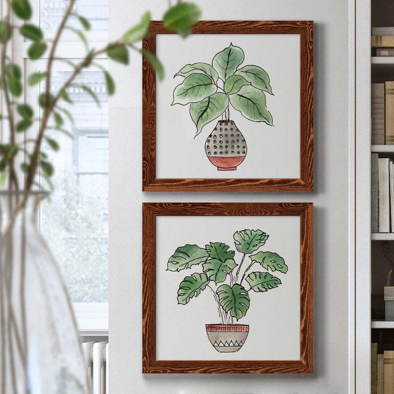 Boho Greenery I - ensemble de 2 peintures sur toile encadrées, H 20 po x l 40 po x P 1,5 po, Érable encadré