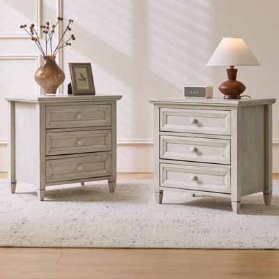 Malaysian Solid Rubberwood Stability&Thick Framed Top Farmhouse 3-Drawer Nightstand With Distressed Finish(Set Of 2)