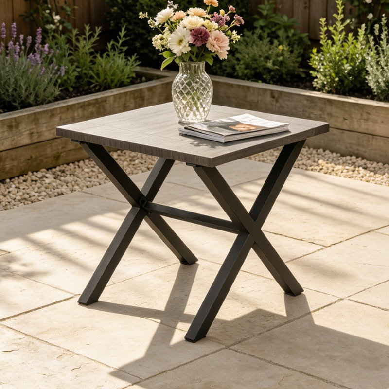 Square Patio Coffee Table, Outdoor Side Table with Wood Grain Top