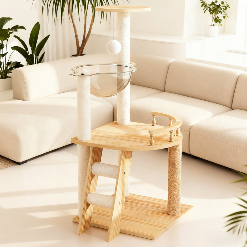 Tour de chat de 41,3 po pour chats d'intérieur, illustrant une structure en bois moderne et élégante, avec poteaux à griffes couverts, acrylique et perchoir relaxant, avec aspect chic, poteaux à gratter,
