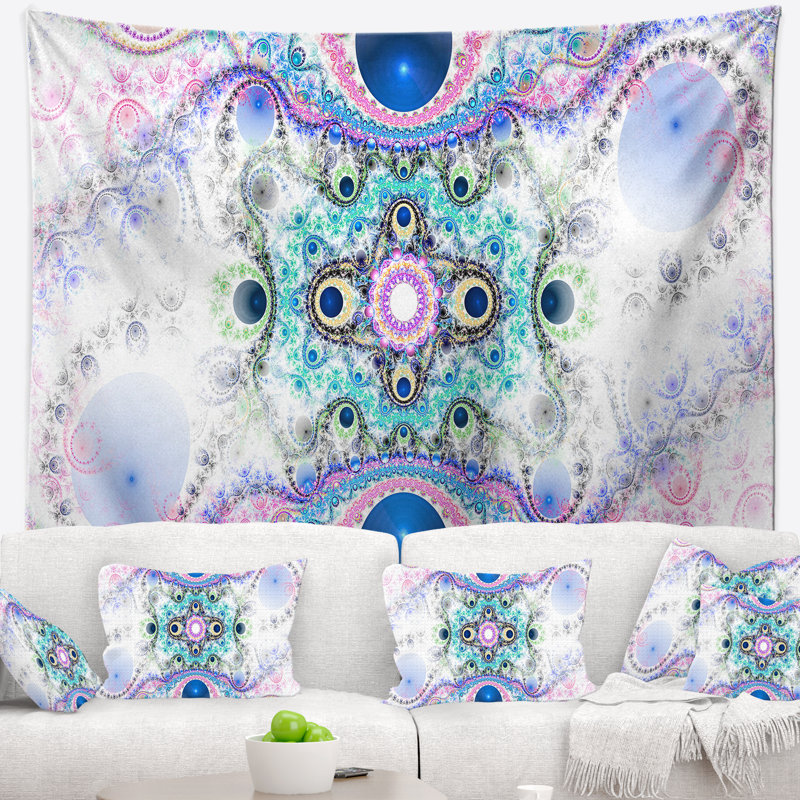 Tapisserie abstraite à motif fractal bleu, H 32 po x l 39 po