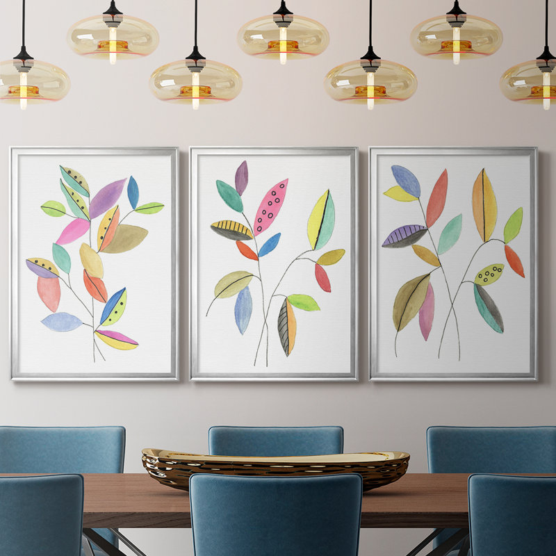 Color Pop Leaves II - Toile tendue avec châssis sur mesure - 3 pièces, Argent argent, H 19 po x l 45 po