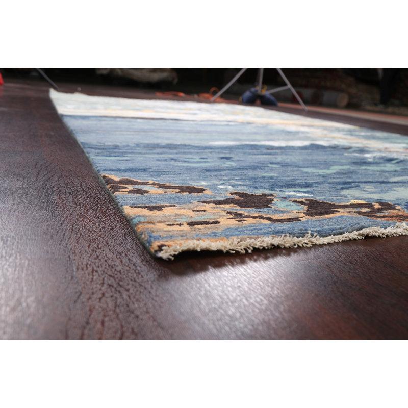 Tapis bleu / brun / gris noué à la main de conception unique 6 pi 1 po x 9 pi 5 po New Age