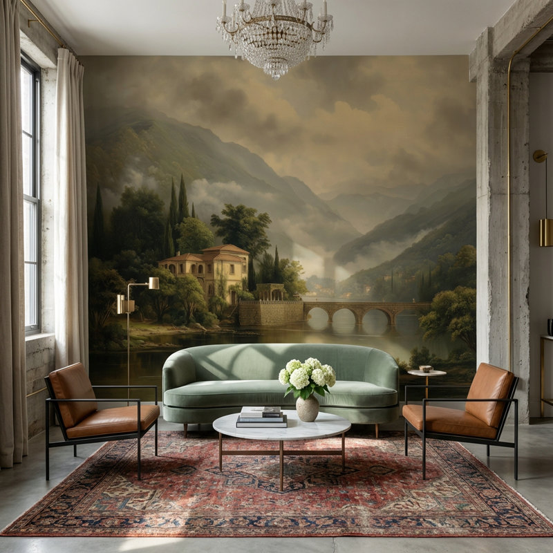 Art mural traditionnel pont traditionnel serein, 200 po x 120 po, Peler et coller