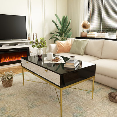 Table basse moderne en noir et blanc, 2 tiroirs pour télécommandes, construction, plateau de table imperméable, table blanche contemporaine d'une hauteur de 22,98 pouces, rangement dans le salon, ornements spacieux sur le dessus, quatre