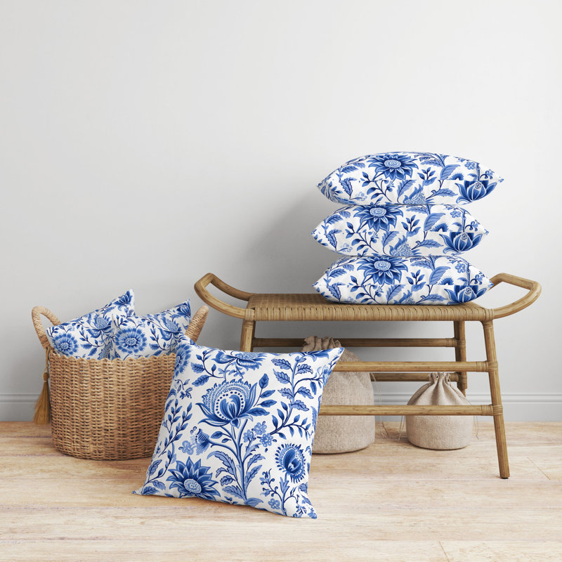 Blue and White Floral Faux Suede Square Throw Pillow