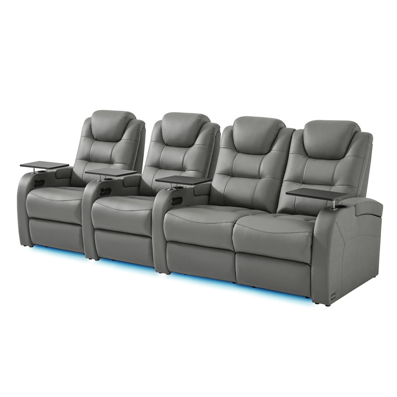 Double fauteuil inclinable de cinéma maison en cuir fleur avec ports USB et de type C, Cuir véritable gris