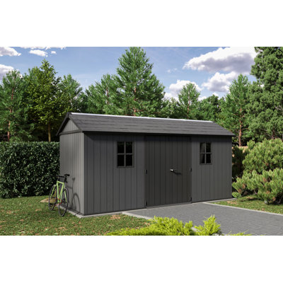 Remise de rangement extérieure en résine durable Keter Newton Plus avec plancher et portes doubles pour meubles de jardin et outils, gris graphite (6 tailles disponibles)