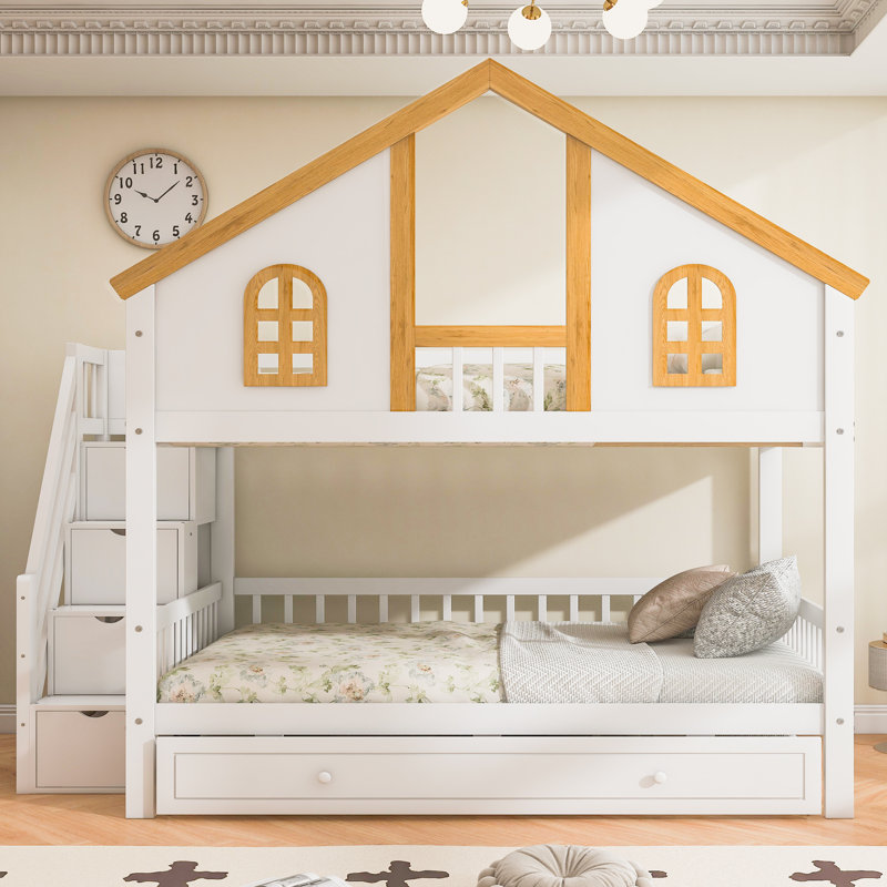 Full Size Wooden House Roof Bunk Bed with Window Door and Roof,Storage Staircase and Trundle,White+Natural, Full
