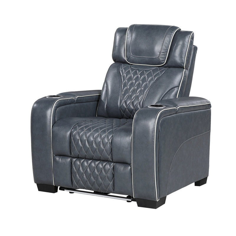 Fauteuil inclinable électrique Akon, massage chauffant, port USB, éclairage DEL, cuir véritable bleu, Similicuir bleu