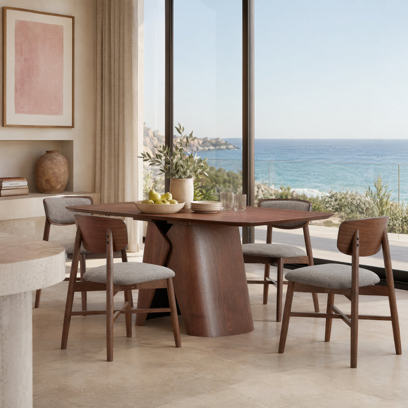 Sculptural Curved Back Dining Set, 5 Pieces: Table, 4 Chairs, Walnut