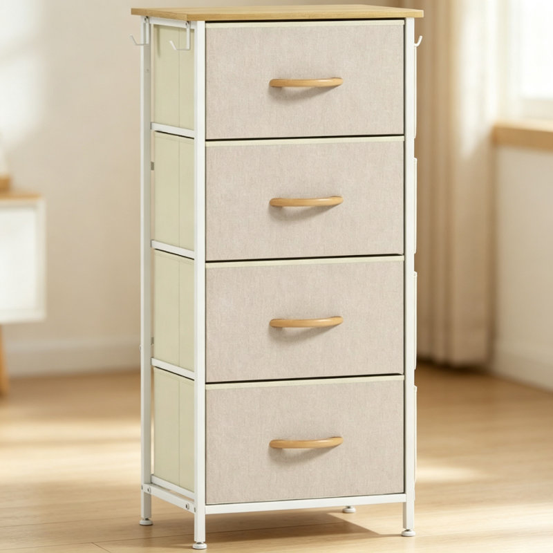 Beige Chest of Drawers, 4 Fabric Drawer Bedroom Storage Dresser Unit