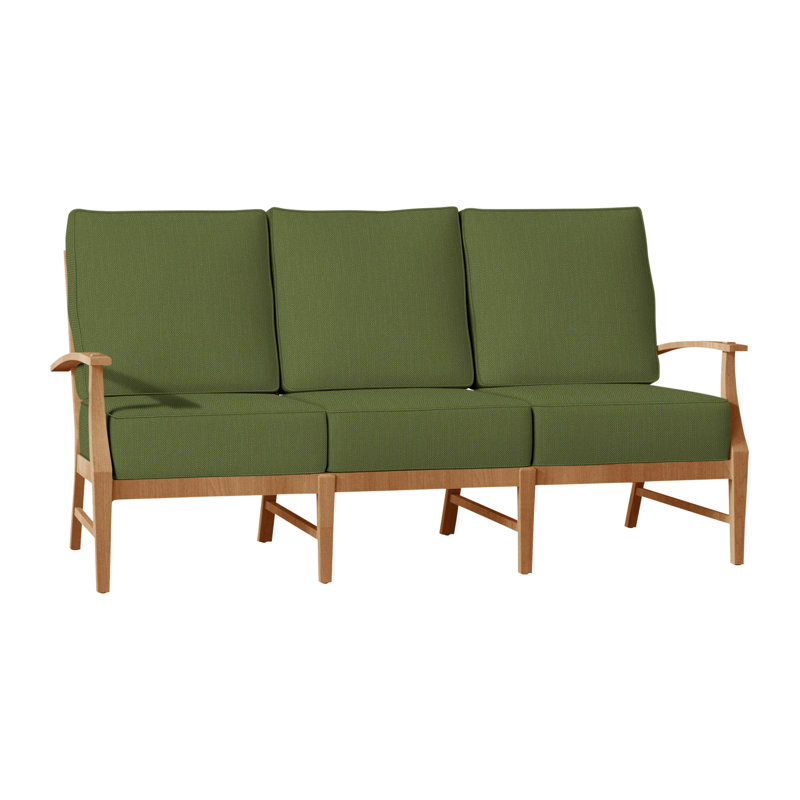 Croquet 75.75" Wide Outdoor Teak Patio Sofa with Cushions, Natural Teak, Welt, Linen Forest
