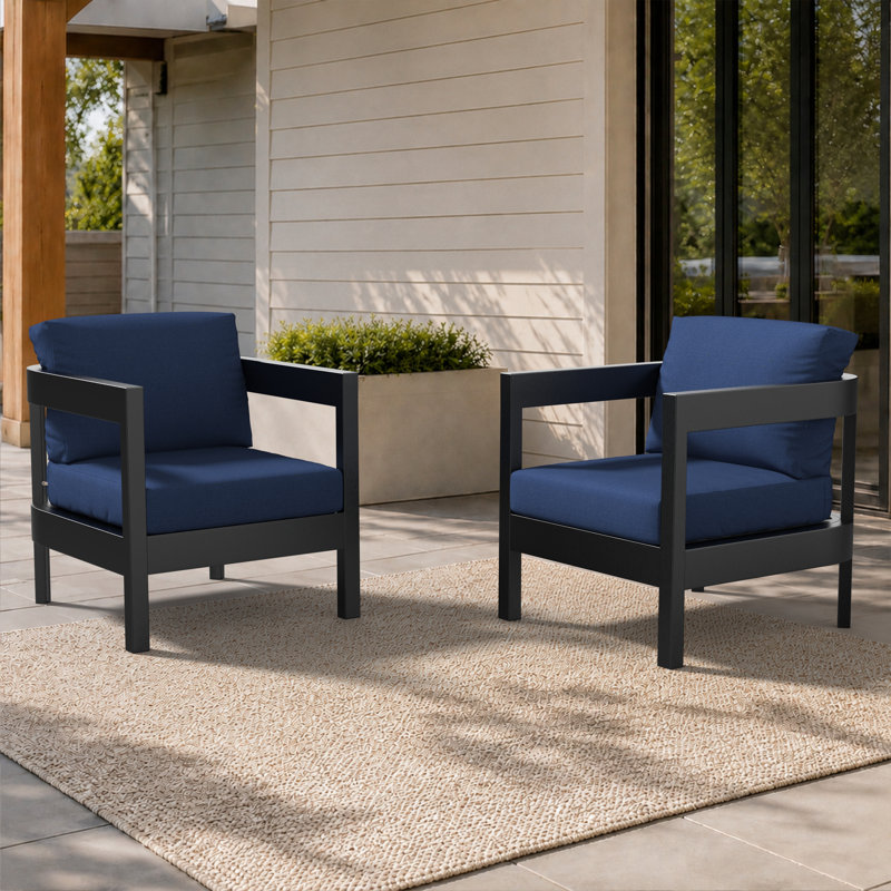 Ensemble de 2 fauteuils de jardin modernes à dossier arrondi avec coussins Sunbrella, Tissu marine Sunbrella