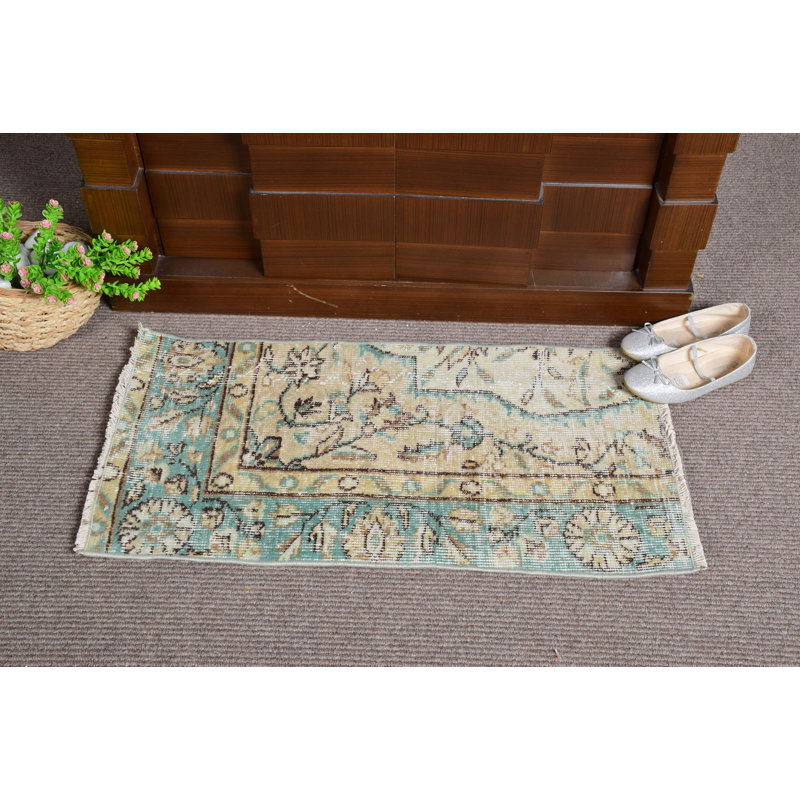 Handmade Green Turkish Oushak Rug: Authentic Vintage Wool Mat for Entryway or Home Decor